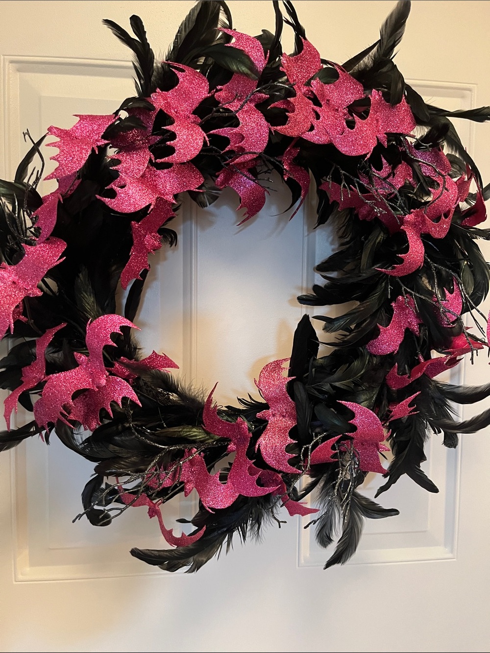 Halloween Light Up Wreath with Feathers, Black Sprigs and Glitter Bats